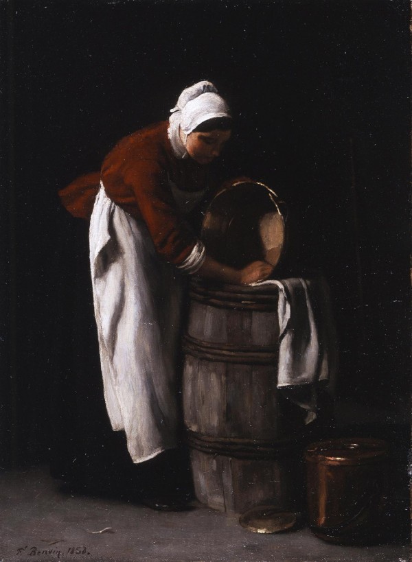 A woman cleaning a barrel Print